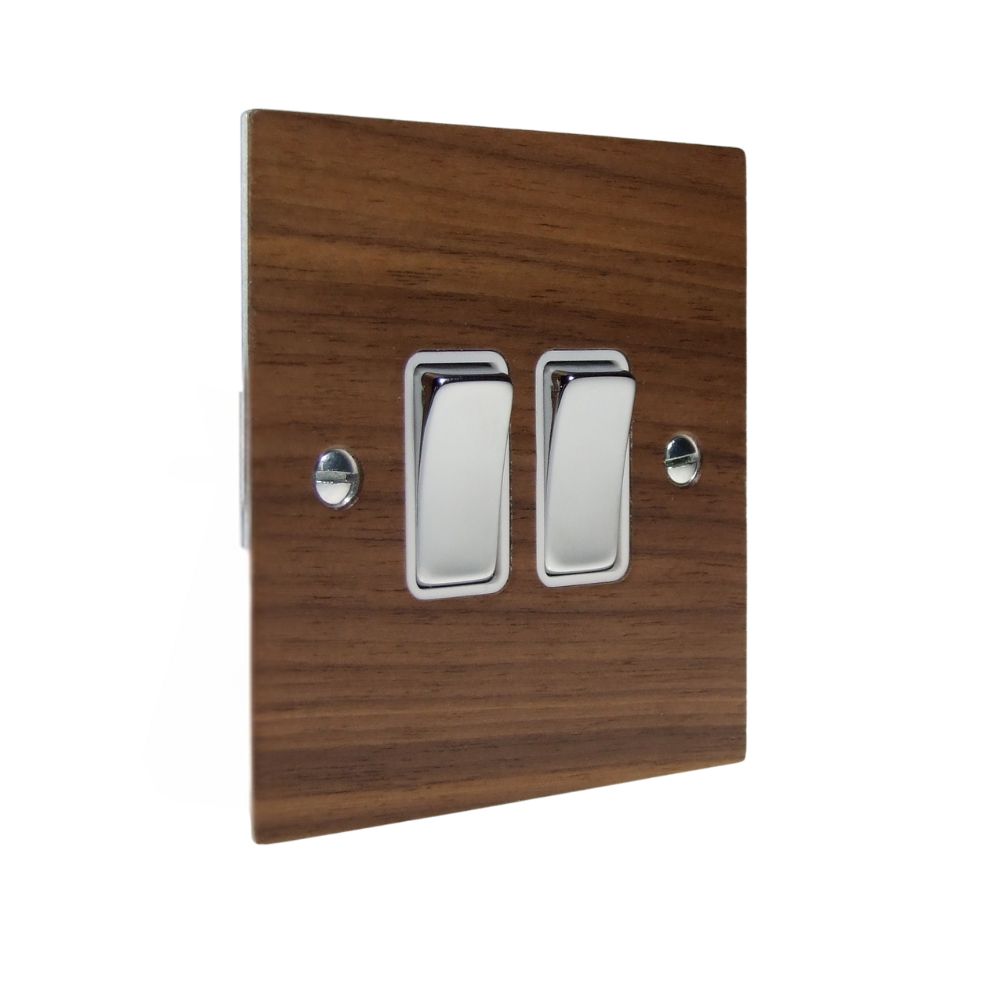 Walnut Veneer Double Light Switch Polished Chrome and White