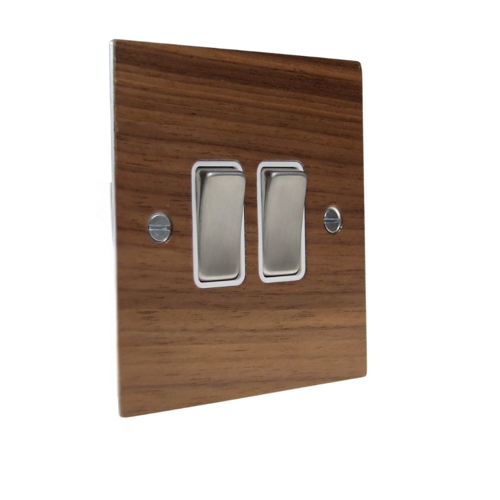 Walnut Veneer Double Light Switch Satin Stainless and White