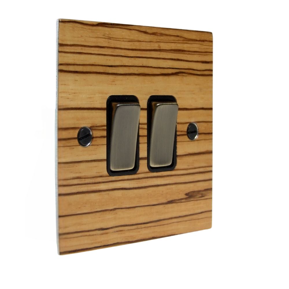 Zebranno Veneer Double Light Switch Antique Brass and Black