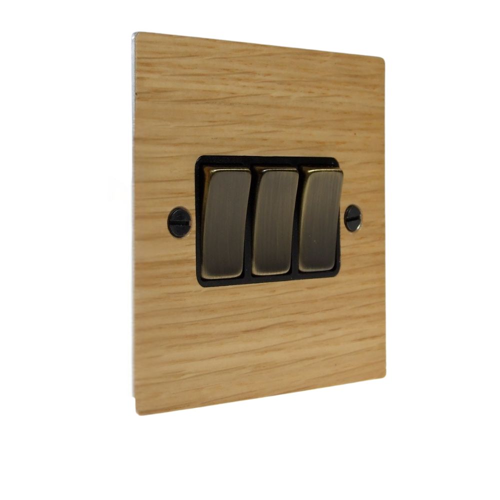 Oak Veneer Triple Light Switch Antique Brass and Black