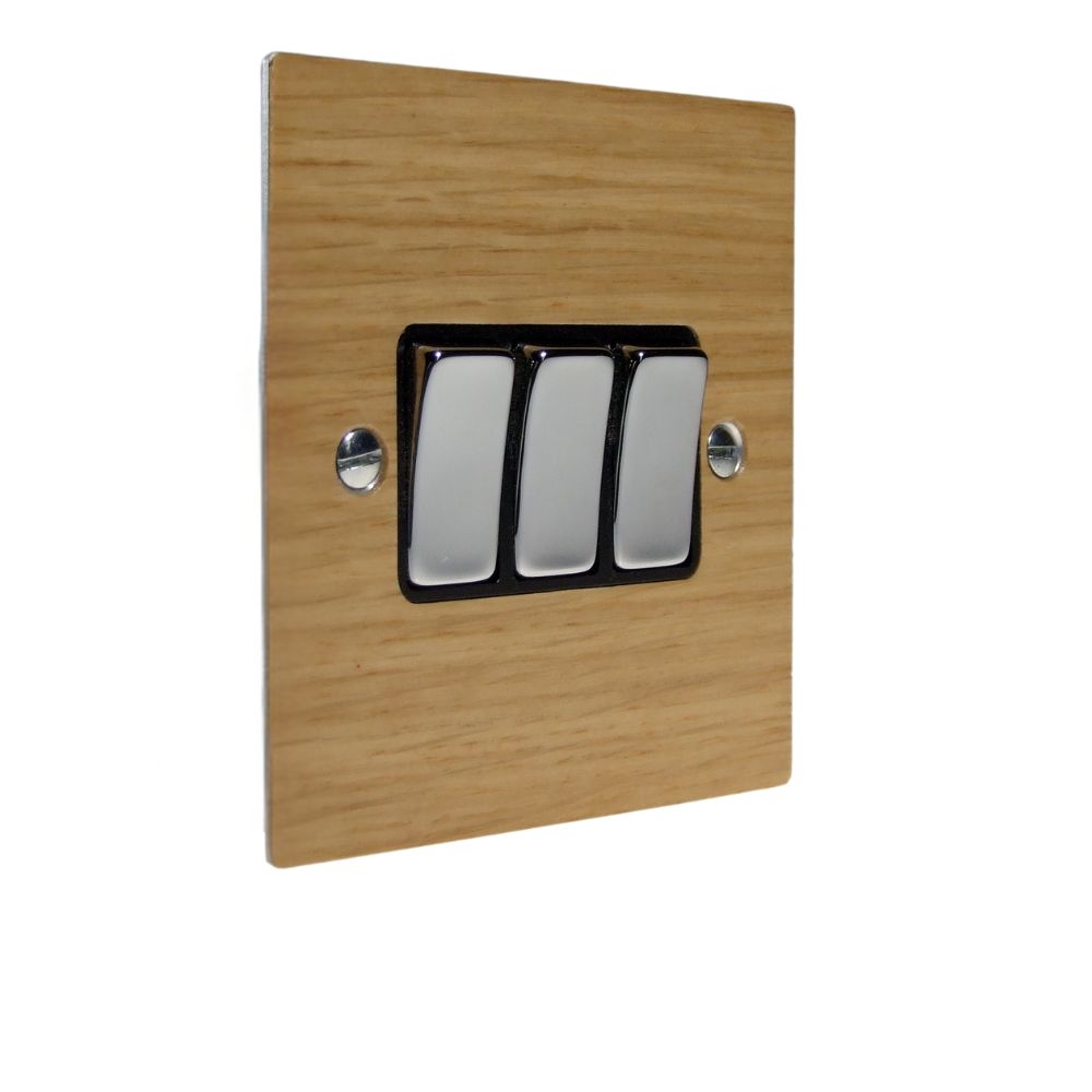 Oak Veneer Triple Light Switch Polished Chrome and Black