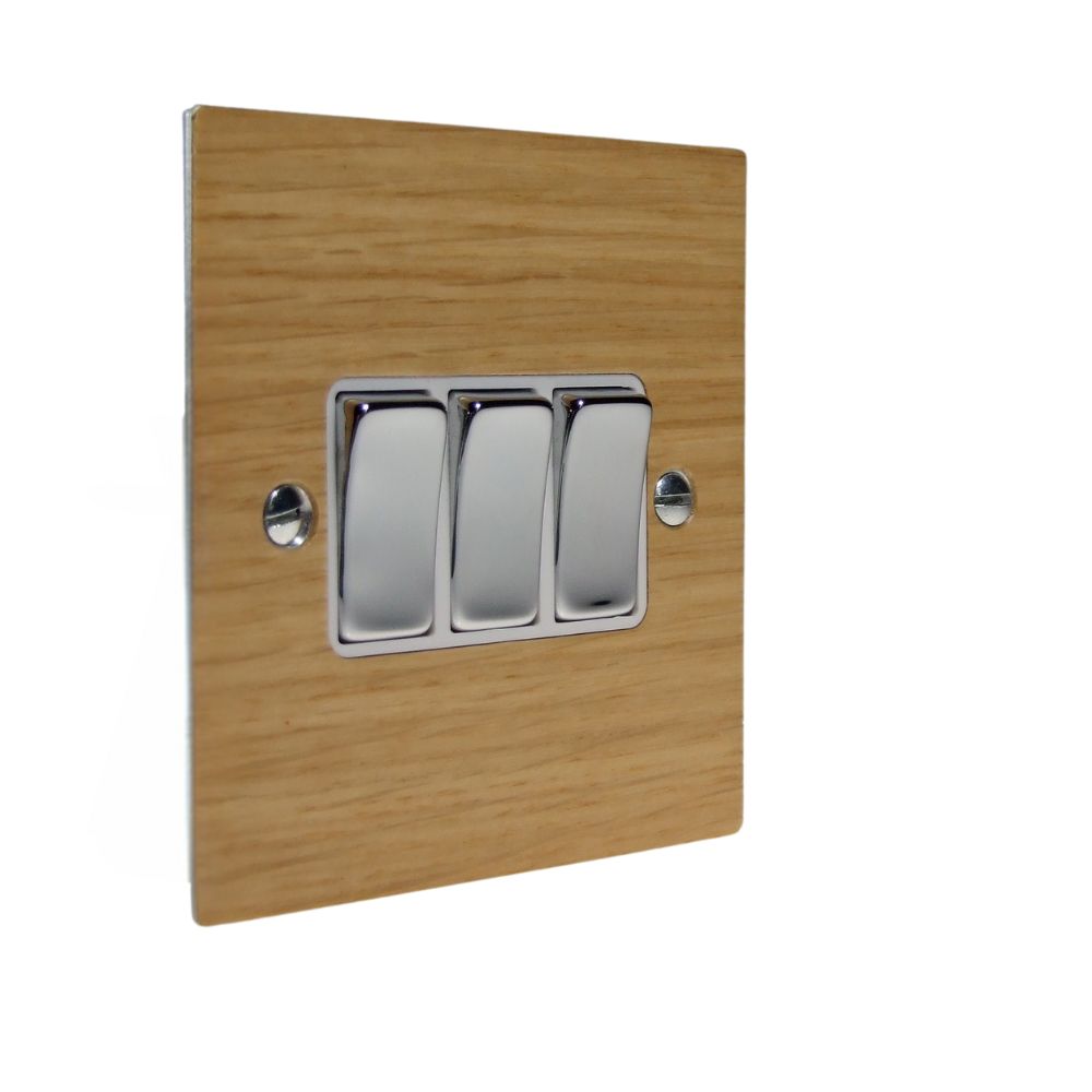 Oak Veneer Triple Light Switch Polished Chrome and White