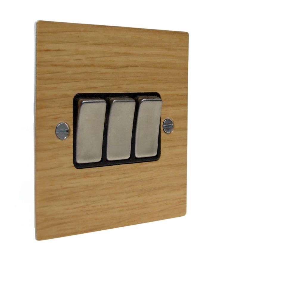 Oak Veneer Triple Light Switch Satin Stainless and Black