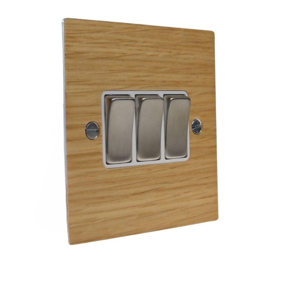 Oak Veneer Triple Light Switch Satin Stainless and White
