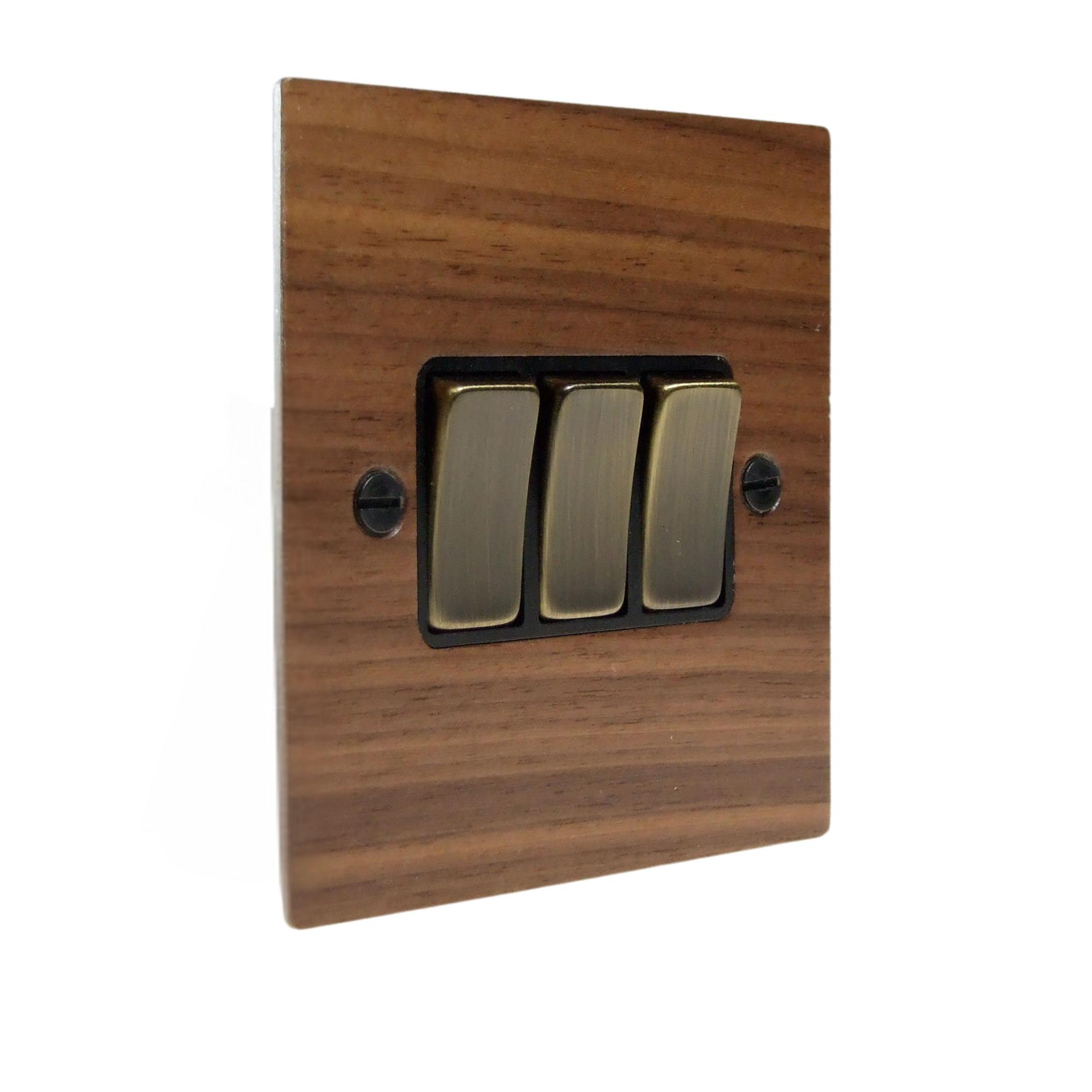 Metal Flat Plate 3 -Gang 2-Way 10-Amp Rocker Switch with a Walnut Veneer