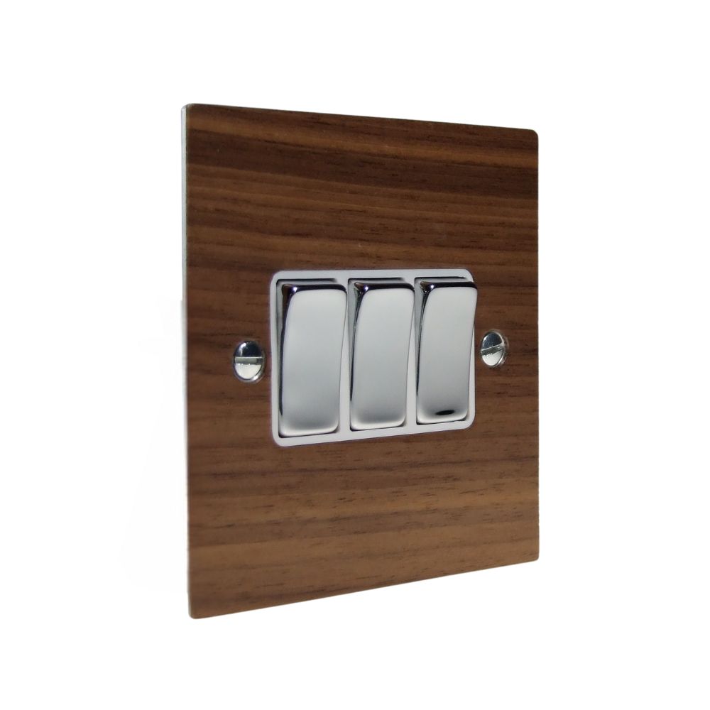 Walnut Veneer Triple Light Switch Polished Chrome and White