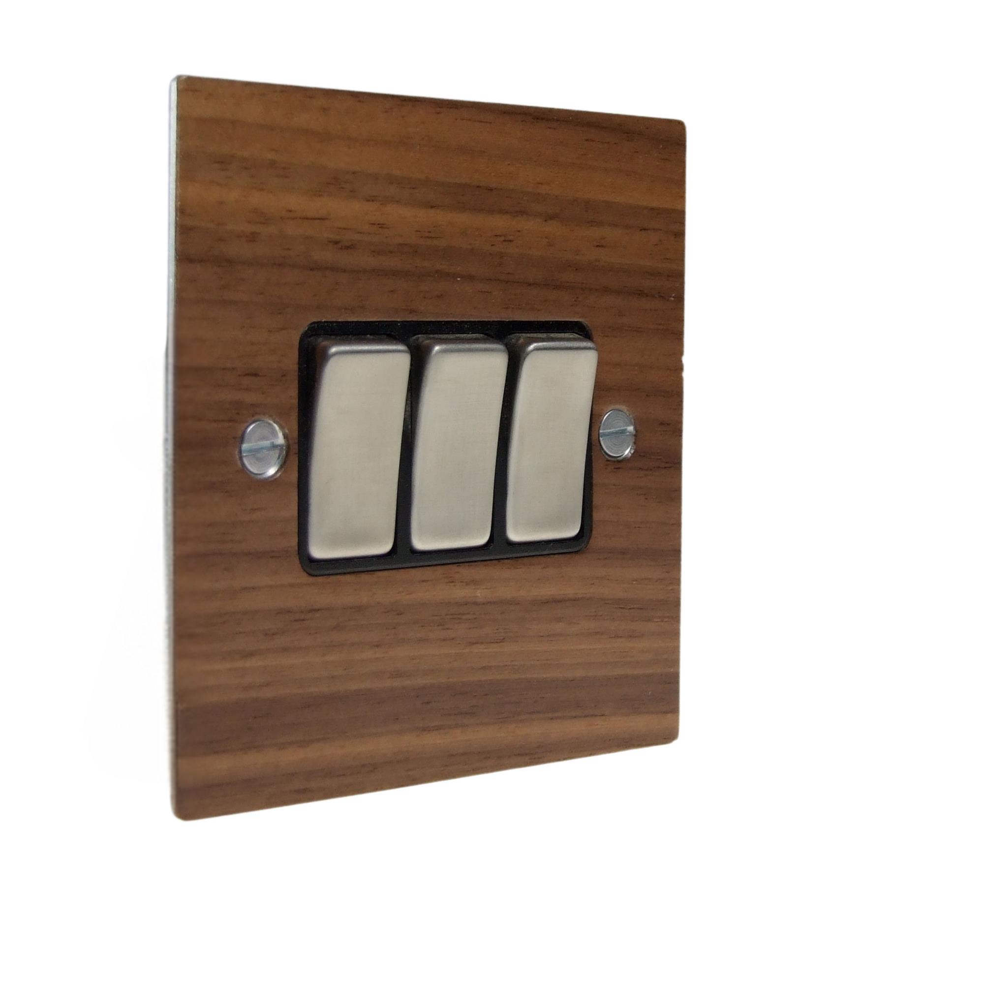 Metal Flat Plate 3 -Gang 2-Way 10-Amp Rocker Switch with a Walnut Veneer
