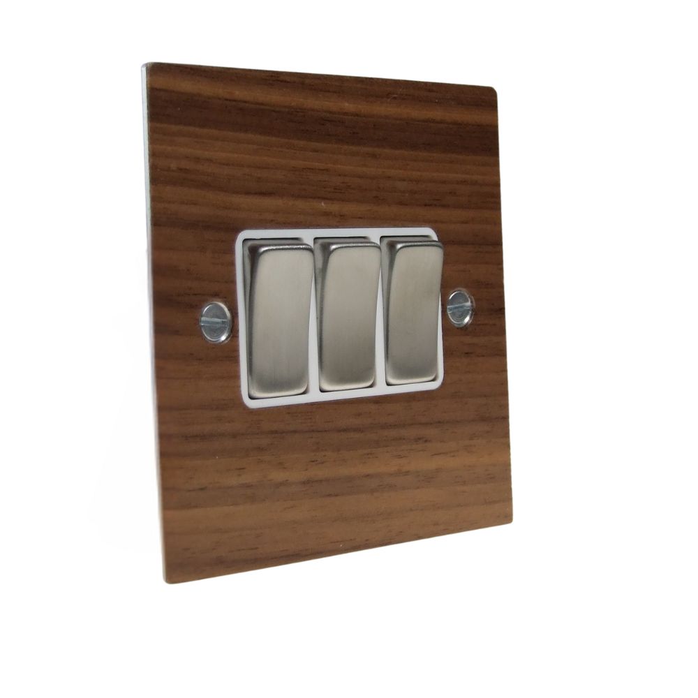 Walnut Veneer Triple Light Switch Satin Stainless and White