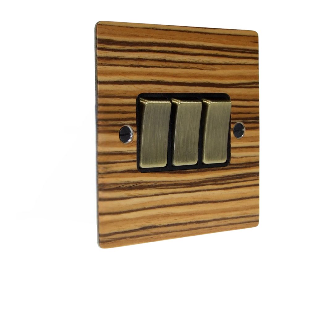 Zebranno Veneer Triple Light Switch Antique Brass and Black