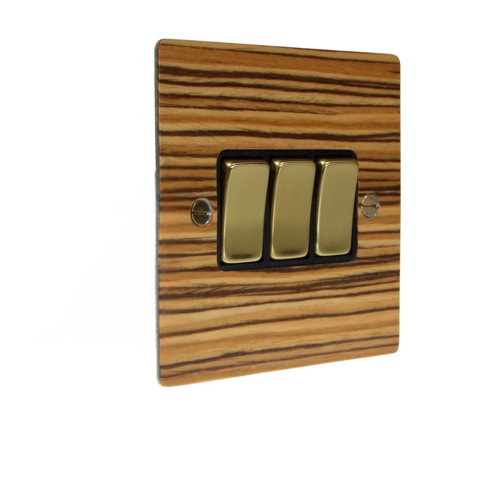 Zebranno Veneer Triple Light Switch Polished Brass and Black