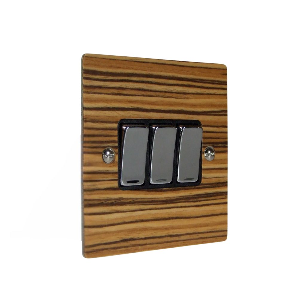 Zebranno Veneer Triple Light Switch Polished Chrome and Black