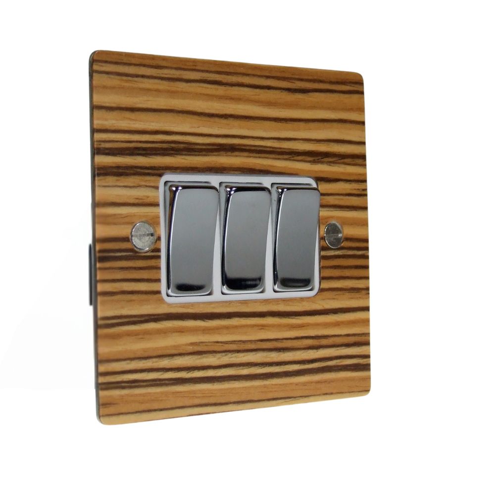 Zebranno Veneer Triple Light Switch Polished Chrome and White