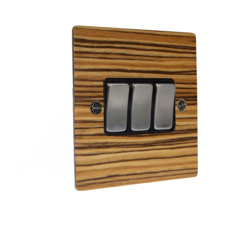Zebranno Veneer Triple Light Switch Satin Stainless and Black