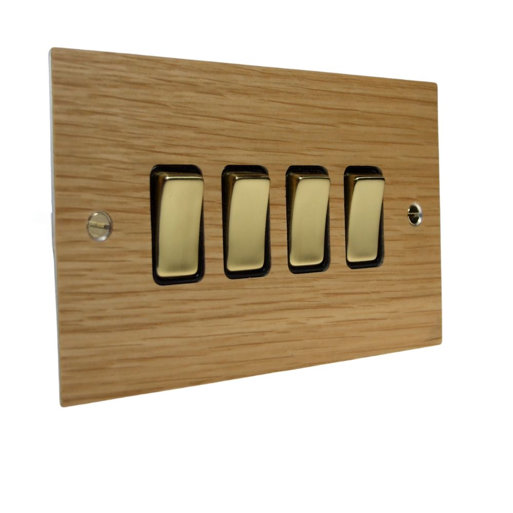 Oak Veneer 4 Switch Light Switch Polished Brass and Black