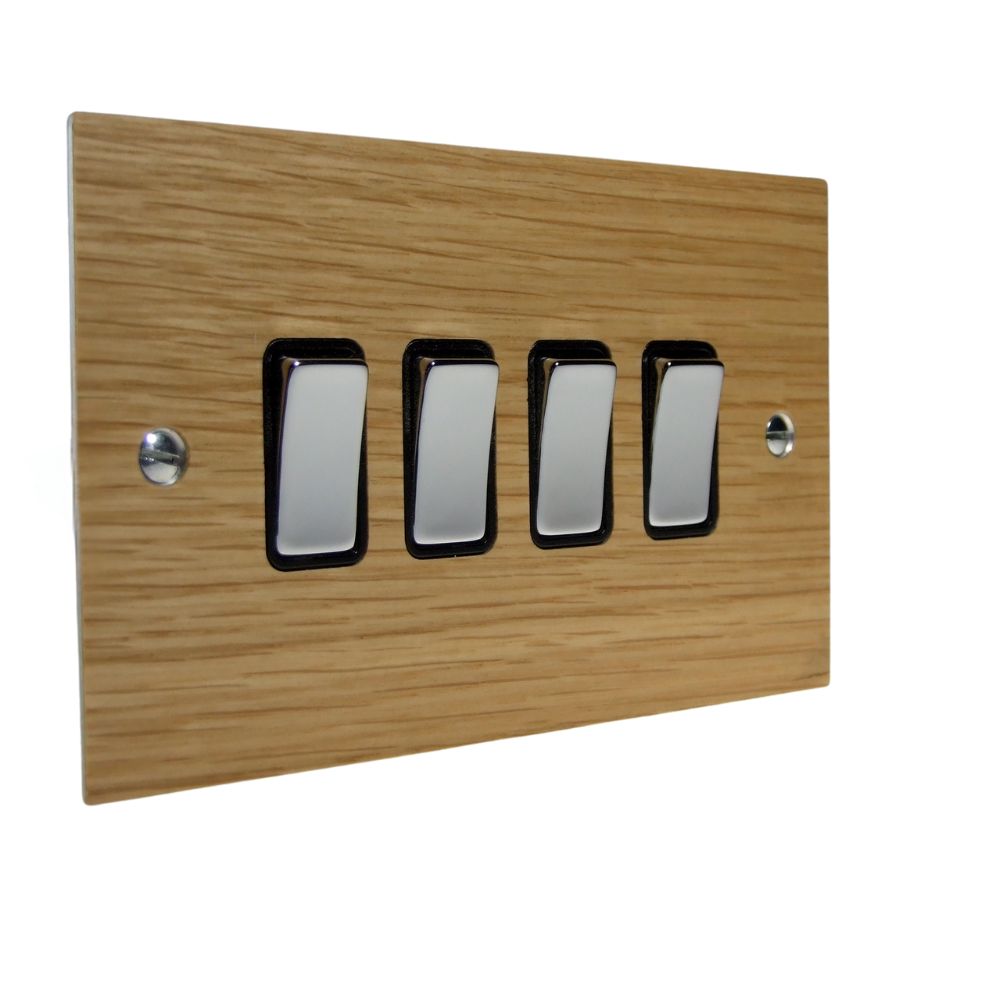 Oak Veneer 4 Switch Light Switch Polished Chrome and Black