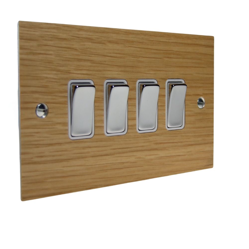 Oak Veneer 4 Switch Light Switch Polished Chrome and White