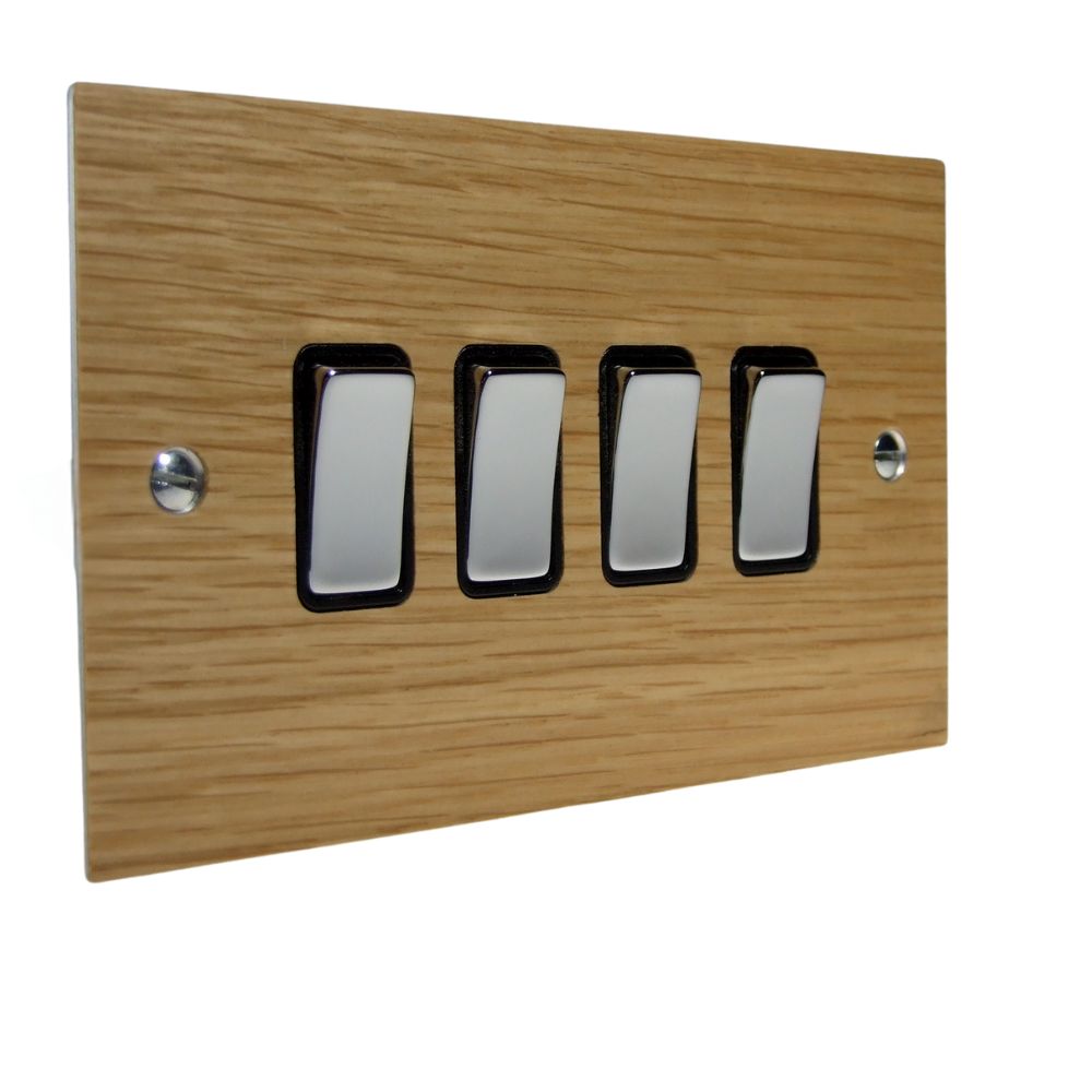 Oak Veneer 4 Switch Light Switch Satin Stainless and Black