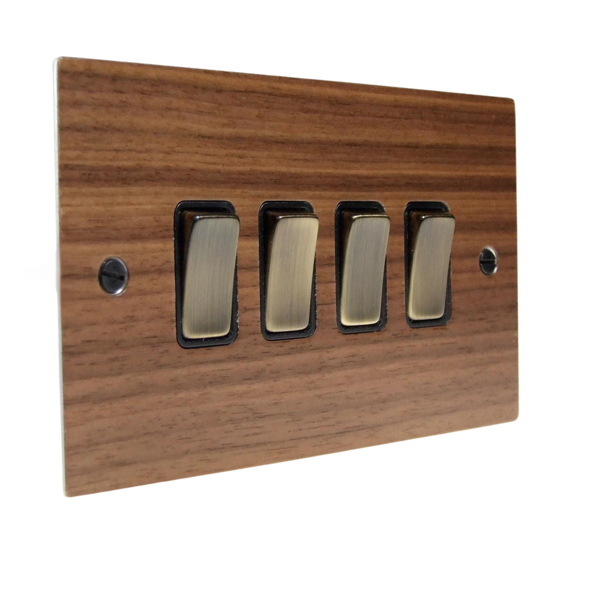 Walnut Veneer 4 Switch Light Switch Antique Brass and Black
