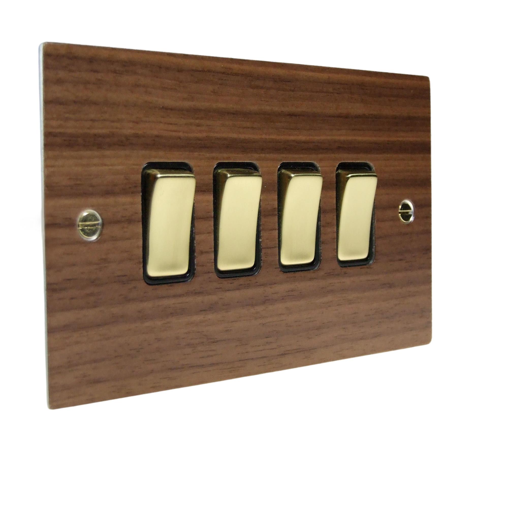 Walnut Veneer 4 Switch Light Switch Polished Brass and Black