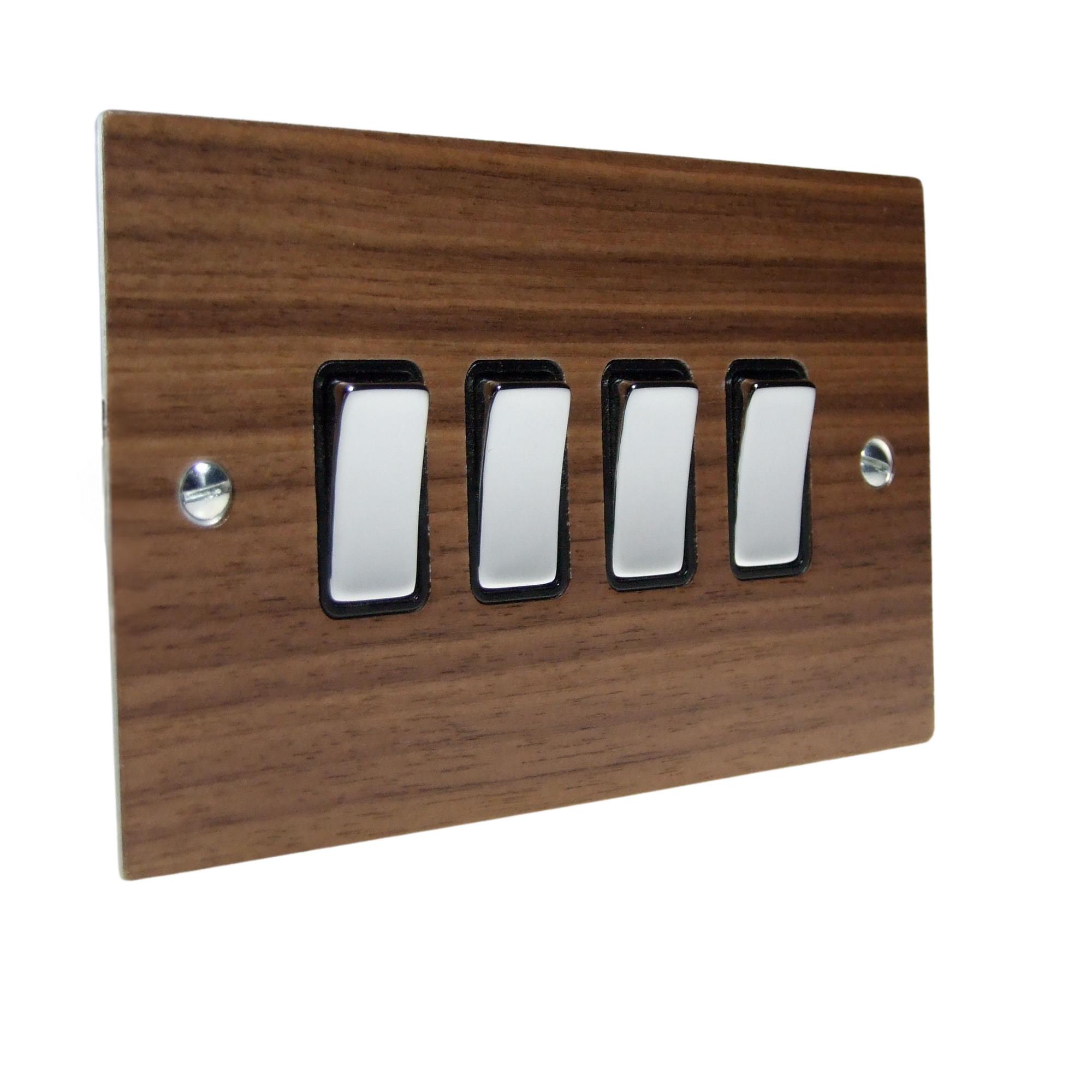 Walnut Veneer 4 Switch Light Switch Polished Chrome and Black