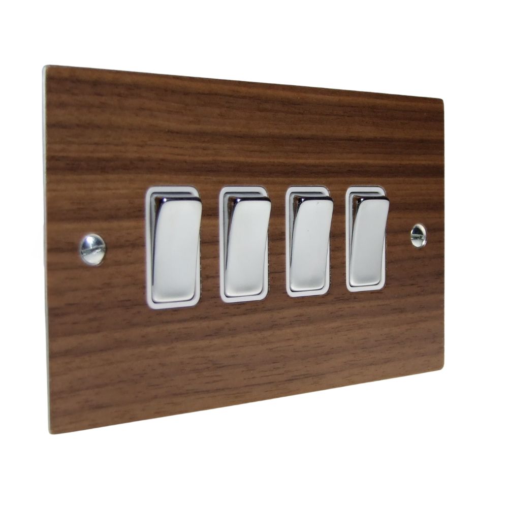 Walnut Veneer 4 Switch Light Switch Polished Chrome and White
