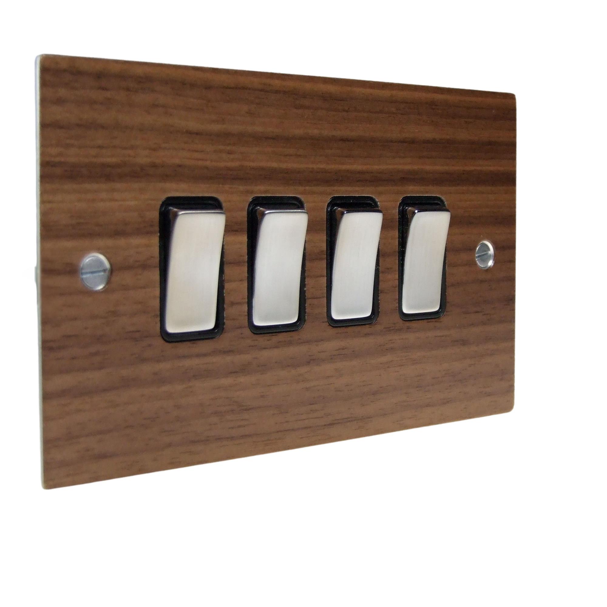 Walnut Veneer 4 Switch Light Switch Satin Stainless and Black