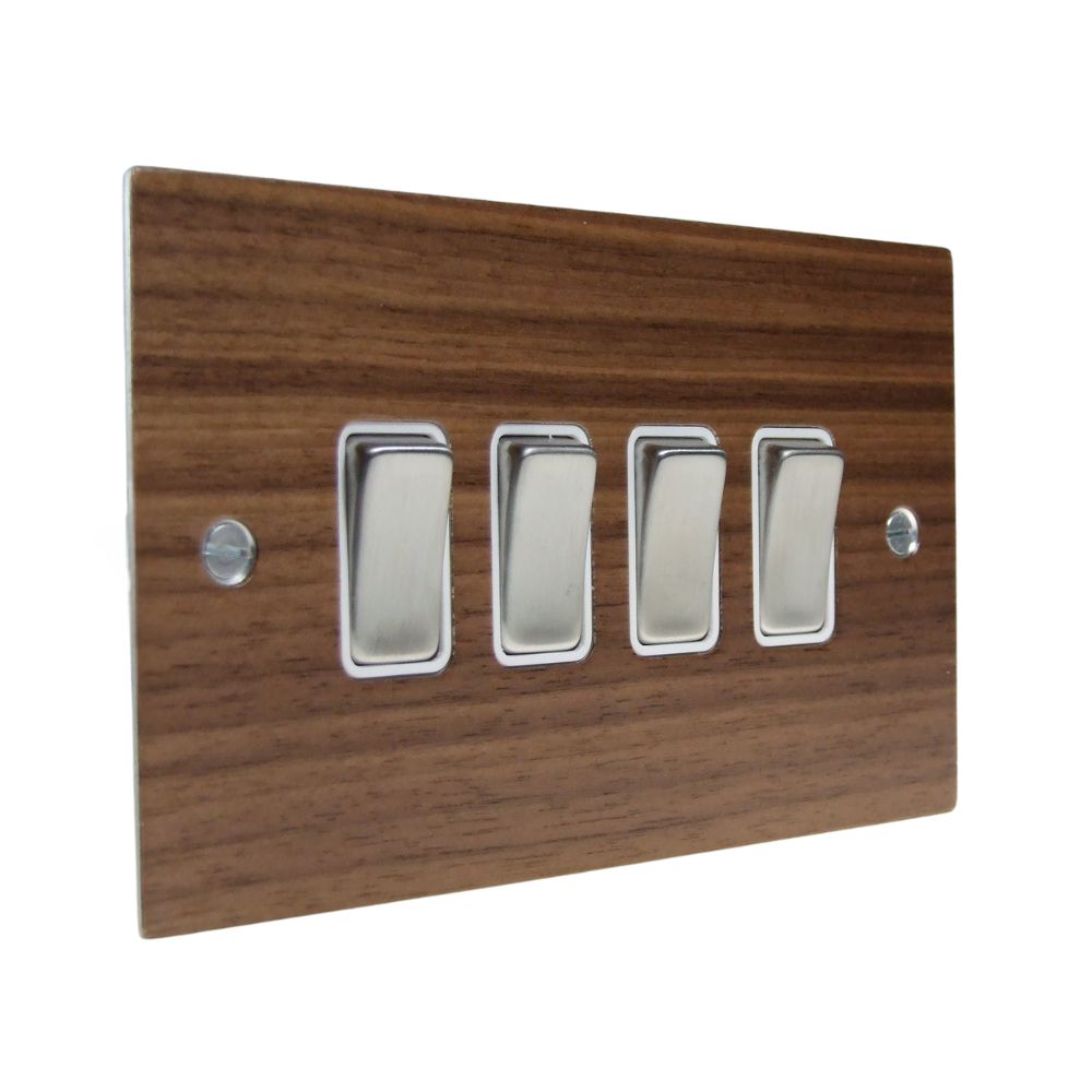 Walnut Veneer 4 Switch Light Switch Satin Stainless and White