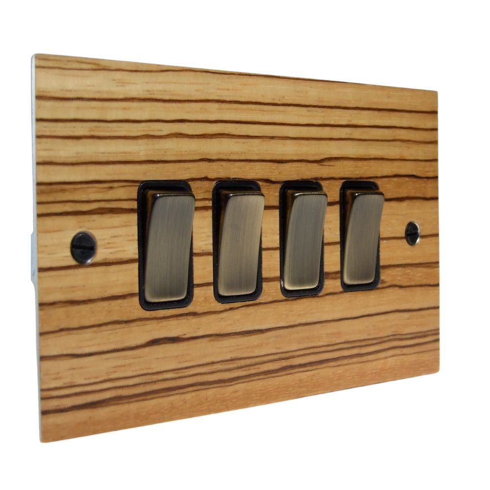 Zebranno Veneer 4 Switch Light Switch Antique Brass and Black