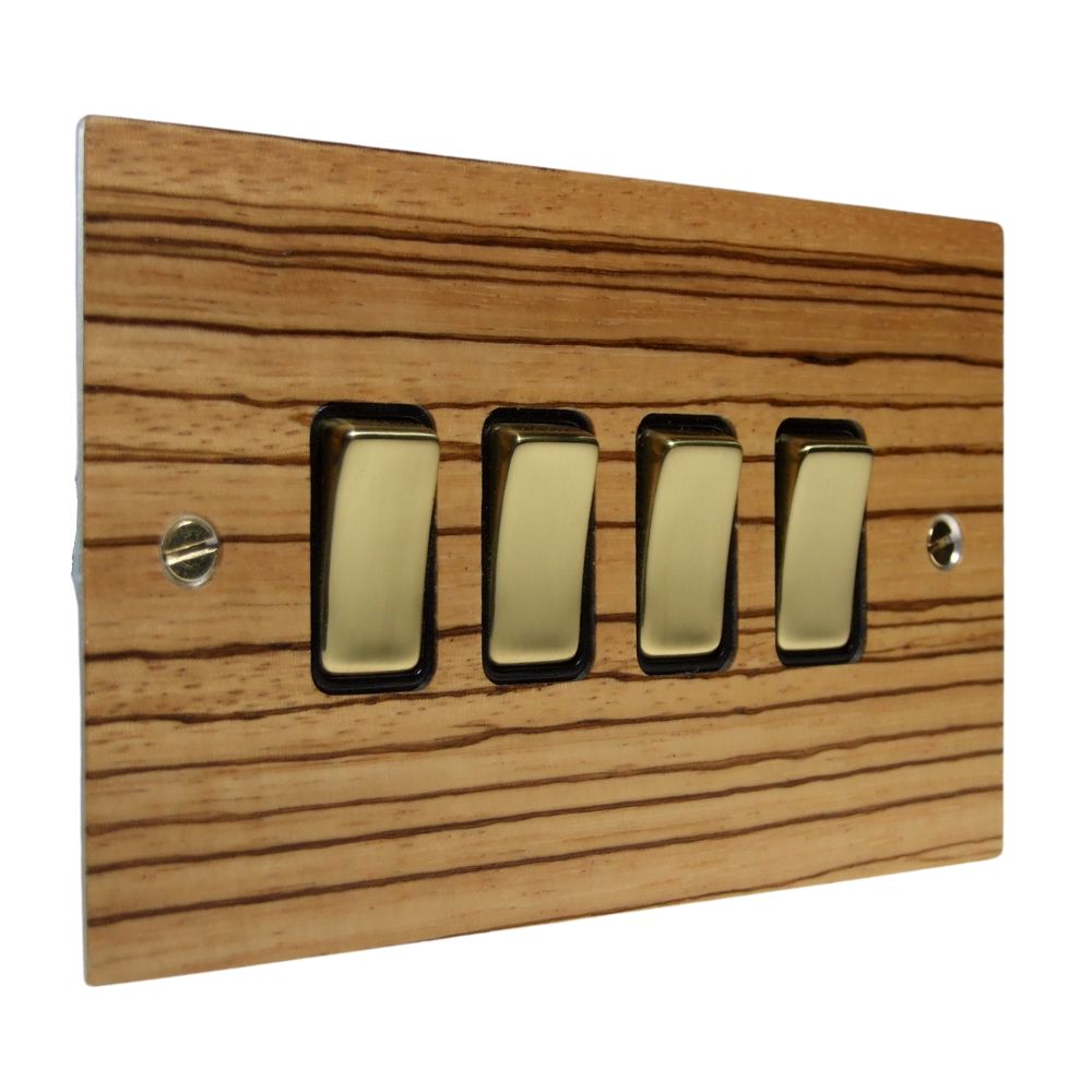 Zebranno Veneer 4 Switch Light Switch Polished Brass and Black