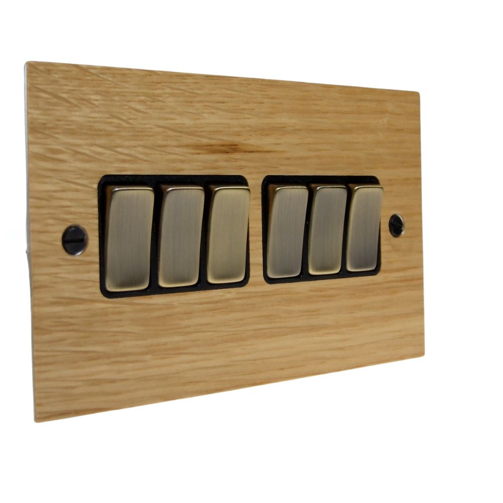 Oak Veneer 6 Switch Light Switch Antique Brass and Black