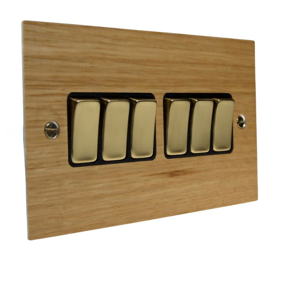 Oak Veneer 6 Switch Light Switch Polished Brass and Black