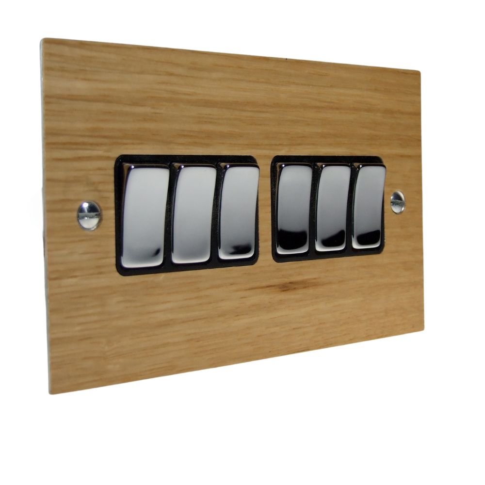Oak Veneer 6 Switch Light Switch Polished Chrome and Black