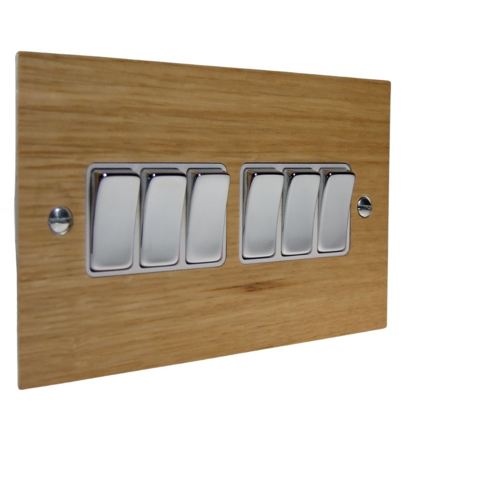 Oak Veneer 6 Switch Light Switch Polished Chrome and White