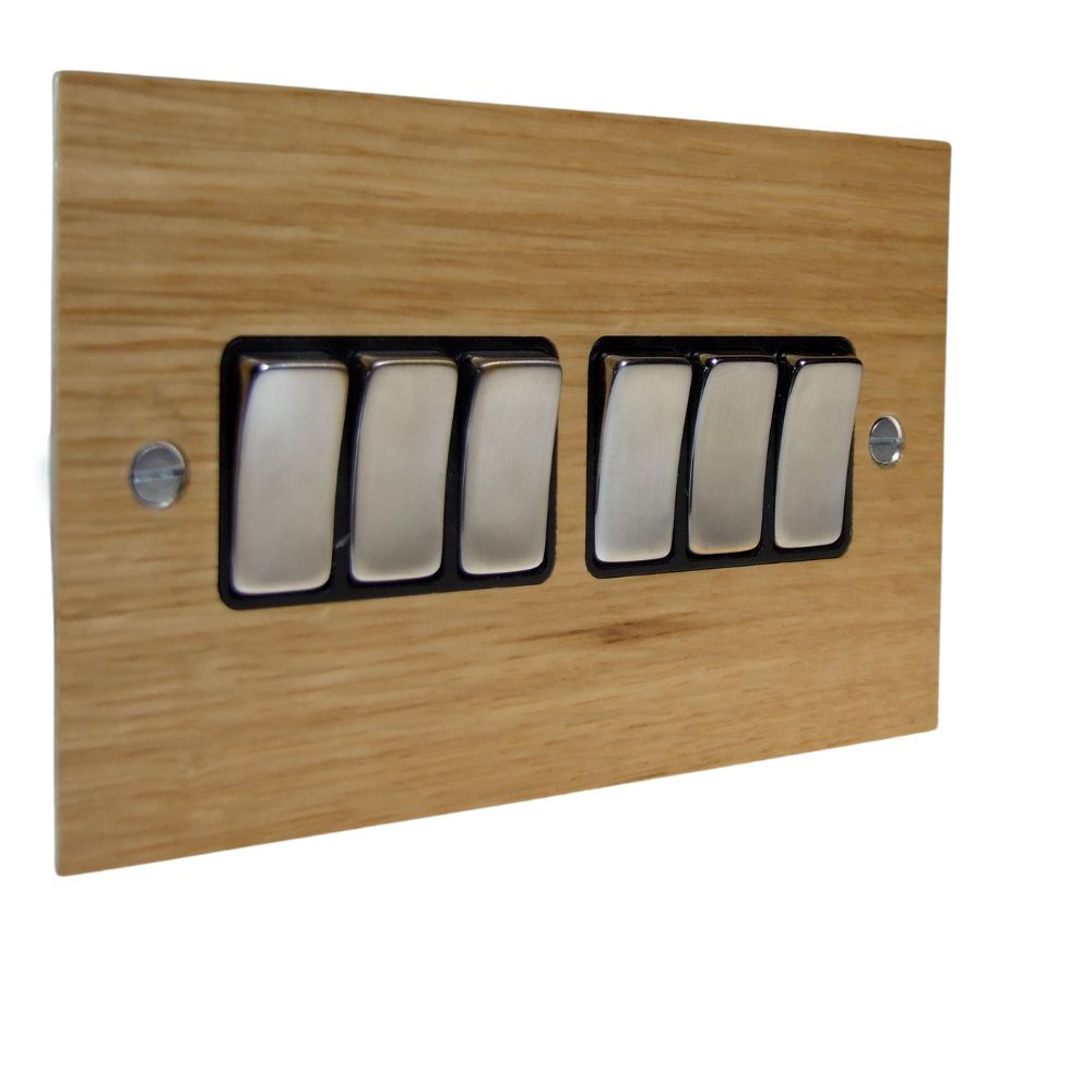 Oak Veneer 6 Switch Light Switch Satin Stainless and Black