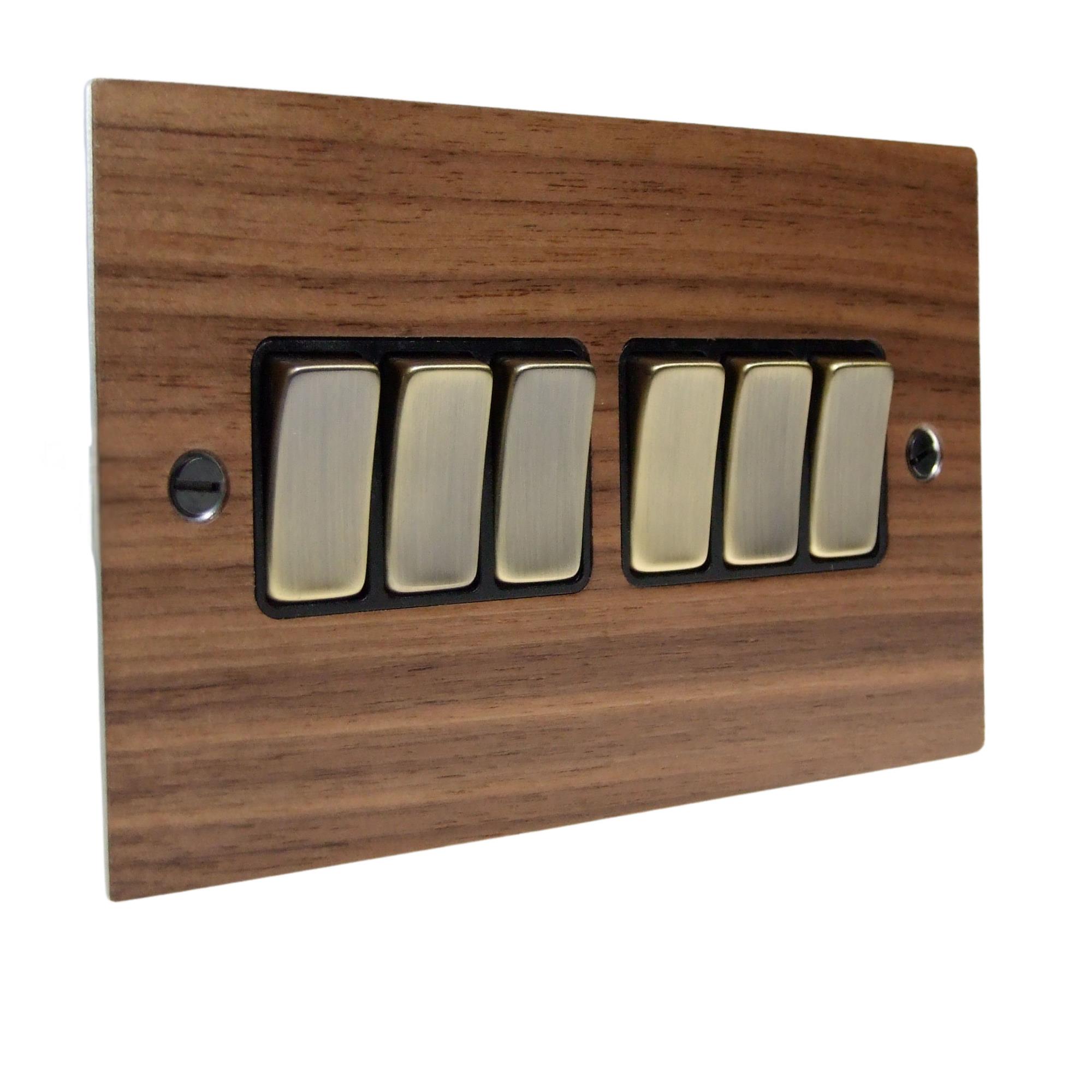Walnut Veneer 6 Switch Light Switch Antique Brass and Black
