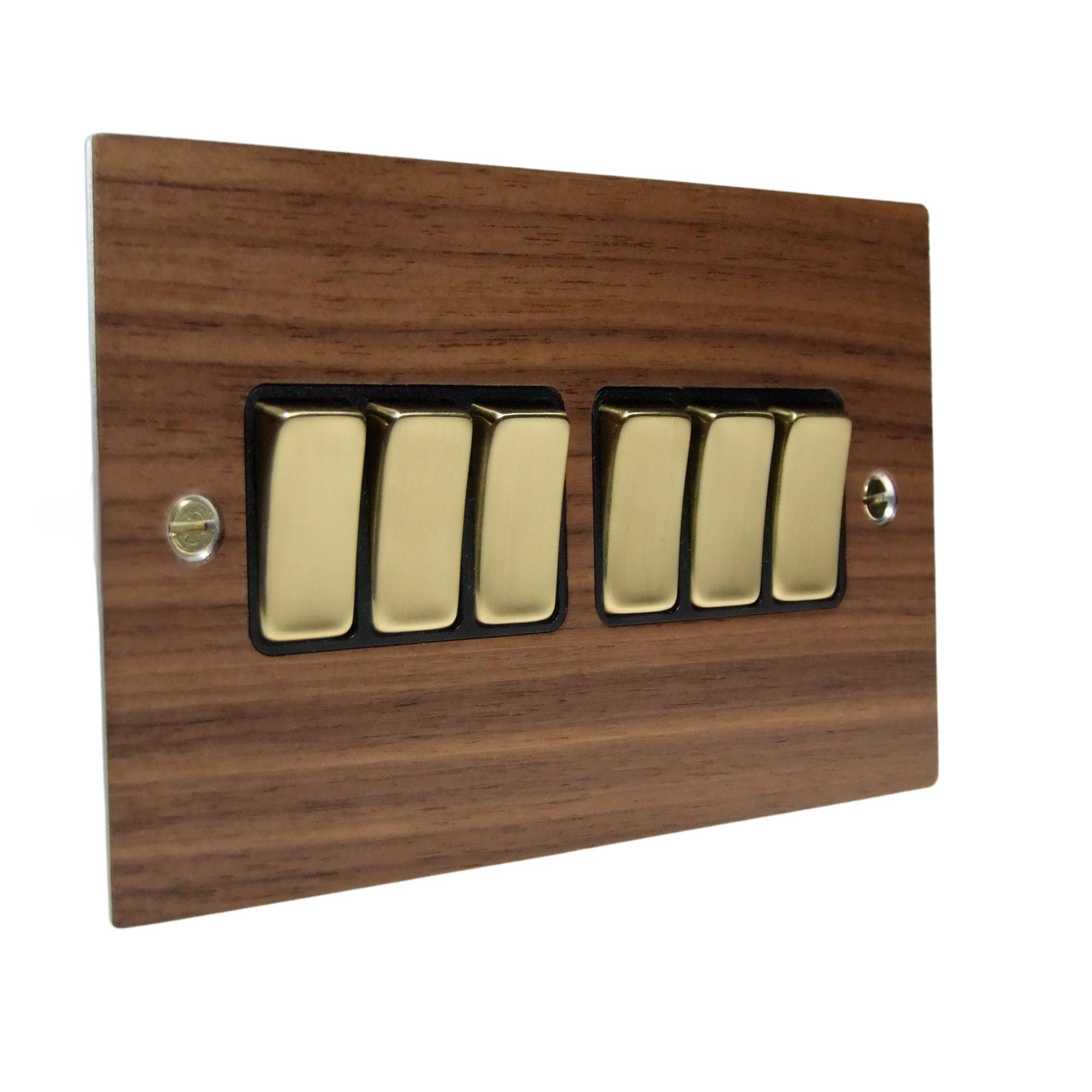 Walnut Veneer 6 Switch Light Switch Polished Brass and Black