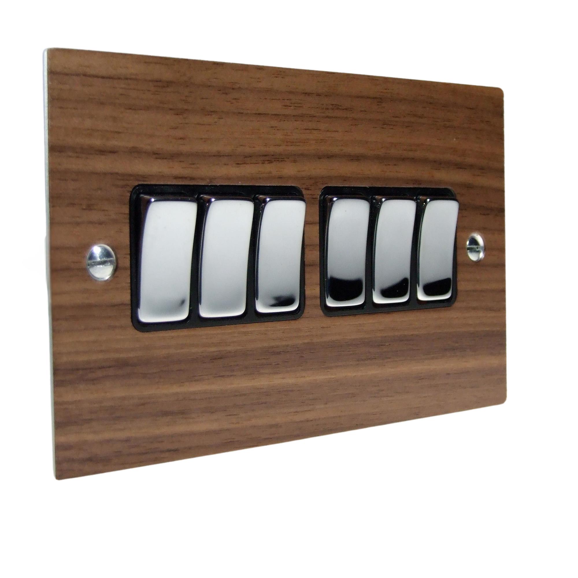 Walnut Veneer 6 Switch Light Switch Polished Chrome and Black