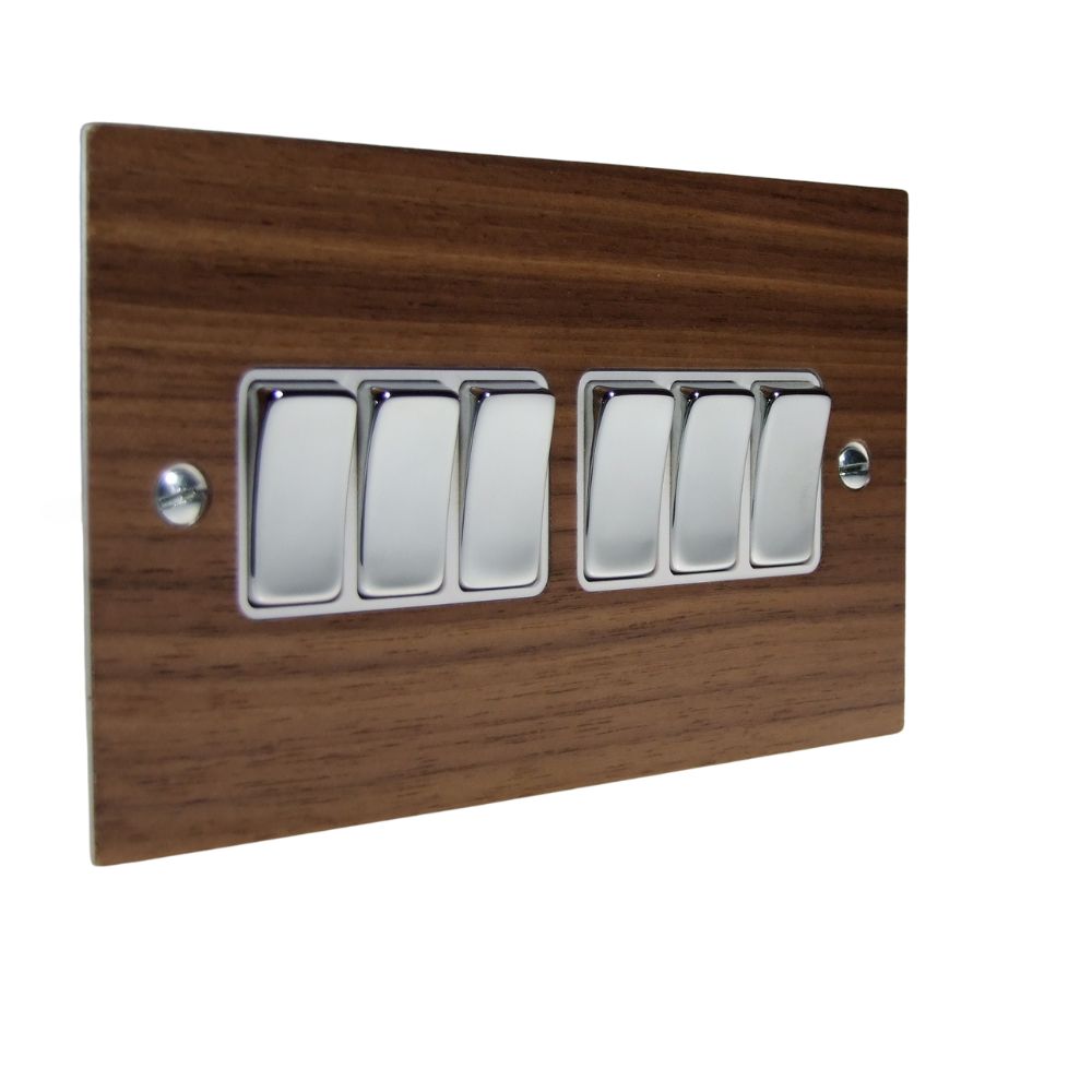 Walnut Veneer 6 Switch Light Switch Polished Chrome and White