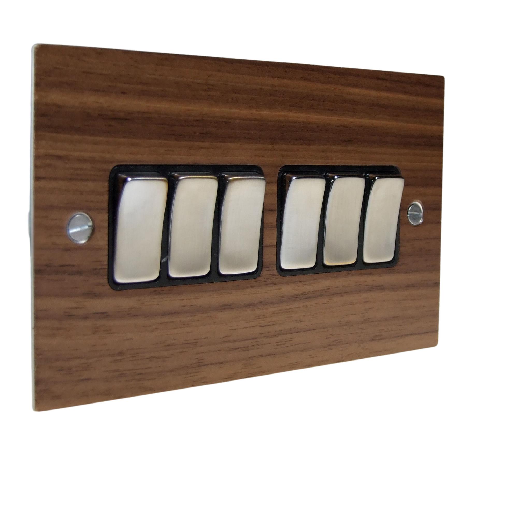 Walnut Veneer 6 Switch Light Switch Satin Stainless and Black