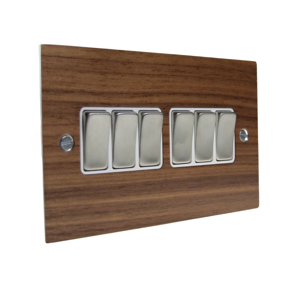 Walnut Veneer 6 Switch Light Switch Satin Stainless and White