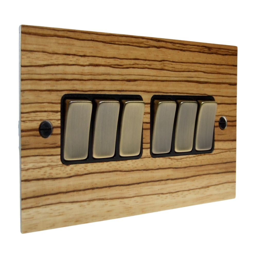 Zebranno Veneer 6 Switch Light Switch Antique Brass and Black