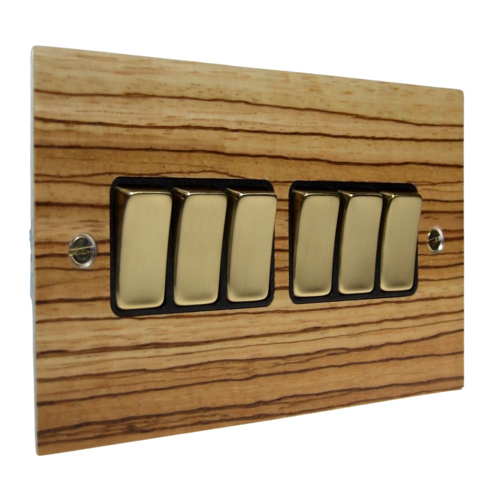 Zebranno Veneer 6 Switch Light Switch Polished Brass and Black
