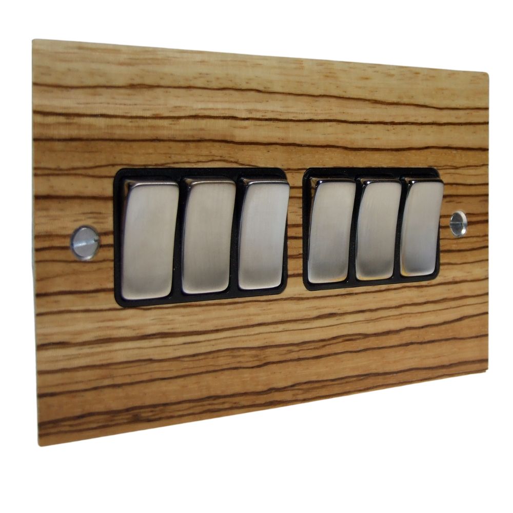 Zebranno Veneer 6 Switch Light Switch Satin Stainless and Black