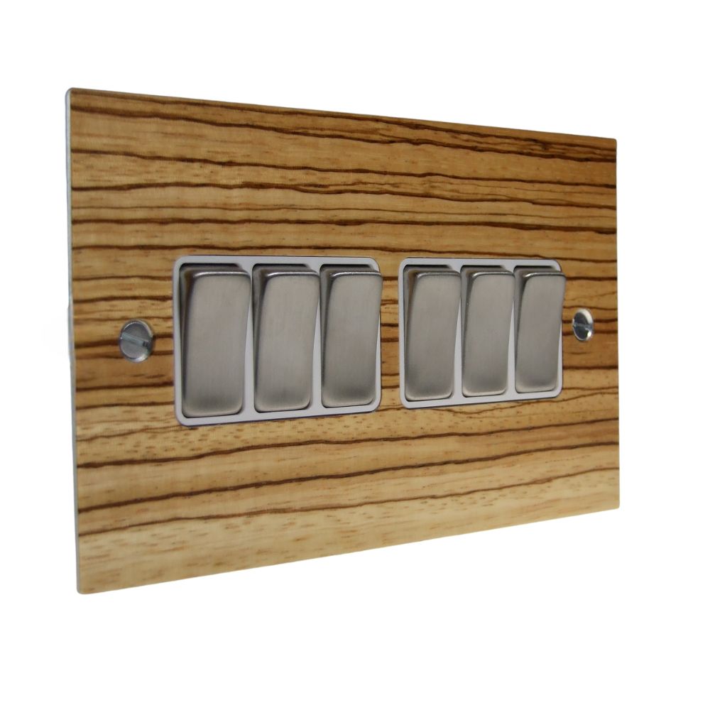 Zebranno Veneer 6 Switch Light Switch Satin Stainless and White