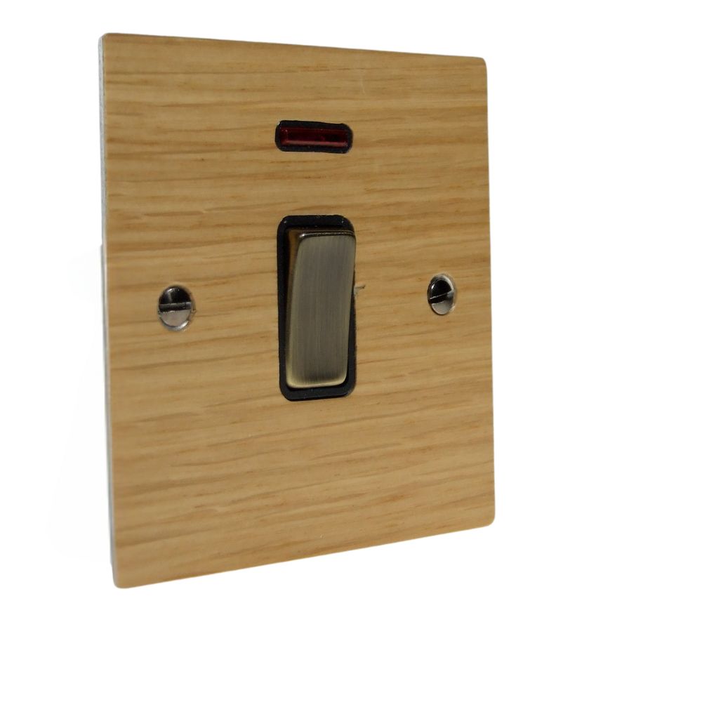 Oak Veneer Double Pole Switch Antique Brass and Black with Neon