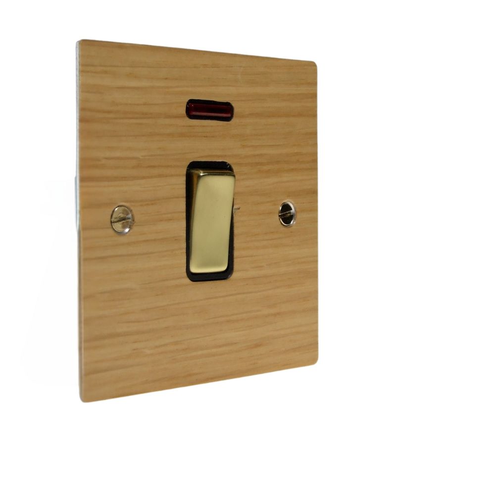 Oak Veneer Double Pole Switch Polished Brass and Black with Neon