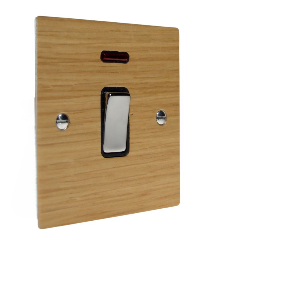 Oak Veneer Double Pole Switch Polished Chrome and Black with Neon