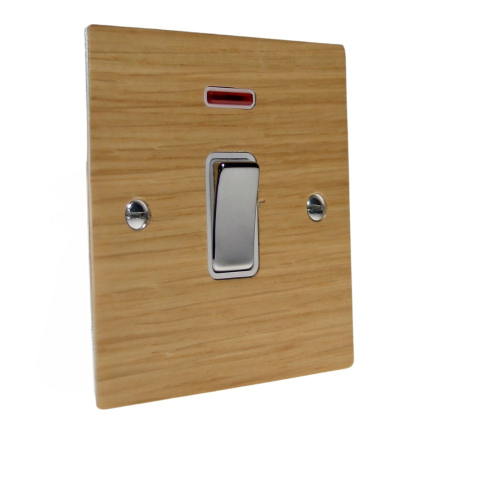 Oak Veneer Double Pole Switch Polished Chrome and White with Neon