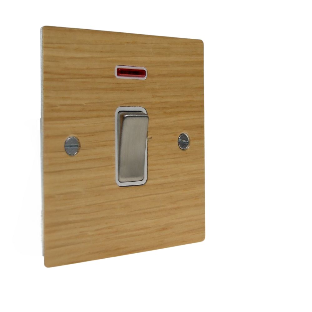 Oak Veneer Double Pole Switch Satin Stainless and White with Neon