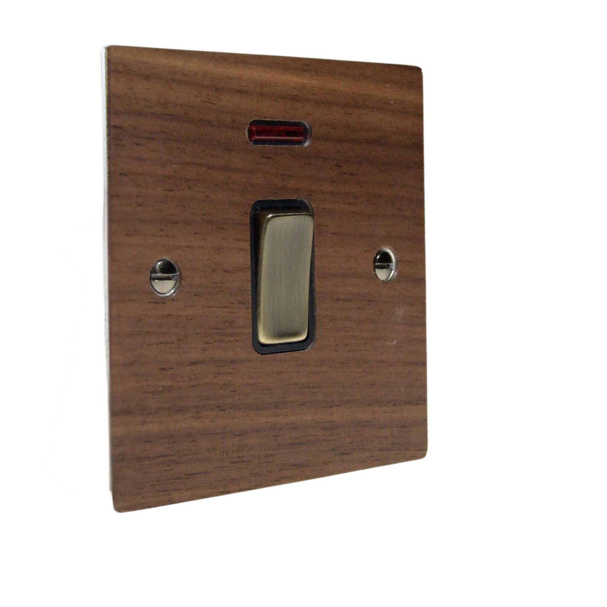 Walnut Veneer Double Pole Switch Antique Brass and Black with Neon